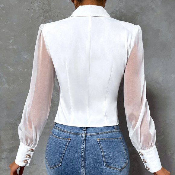 White Preppy Womens Solid Contrast Mesh Asymmetrical Hem Blazer - Picture 2 of 5